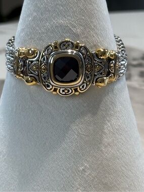 Two-Tone Silver & Gold Bracelet with Black Faceted Stone by John Medeiros